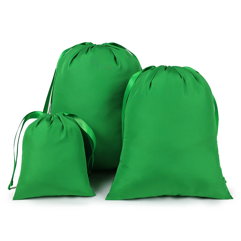 Customized logo green christmas poly pongee drawstring packing dust bag for cosmetics shoes handbags