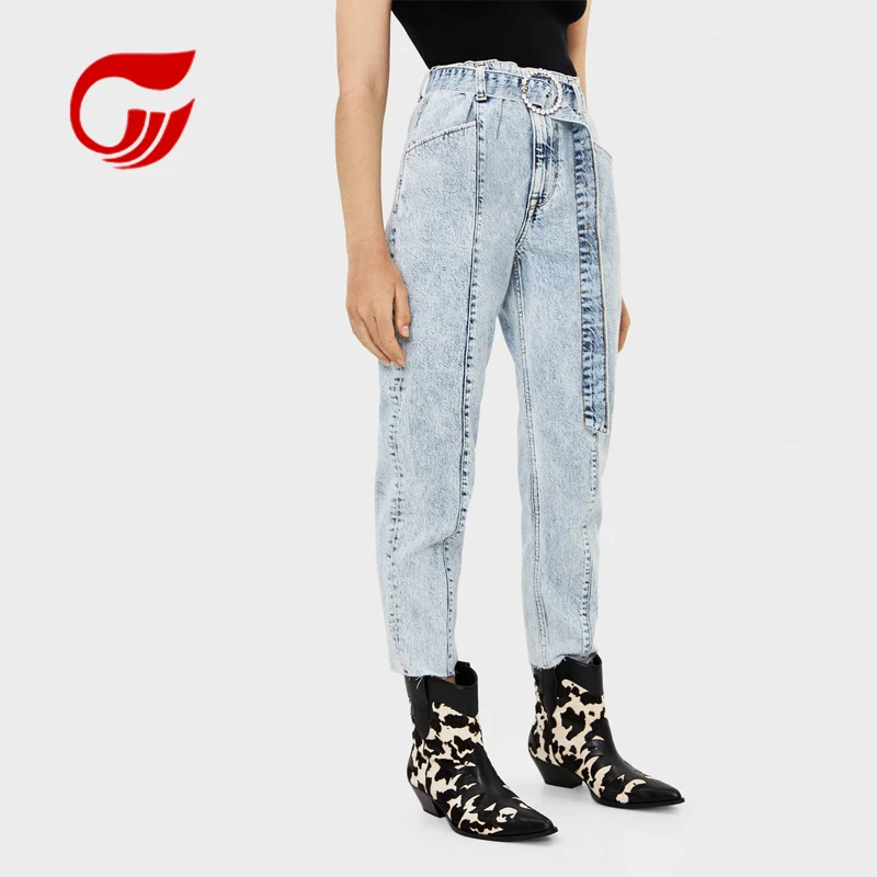 
High waist denim women acid wash jeans mon jeans with belt 
