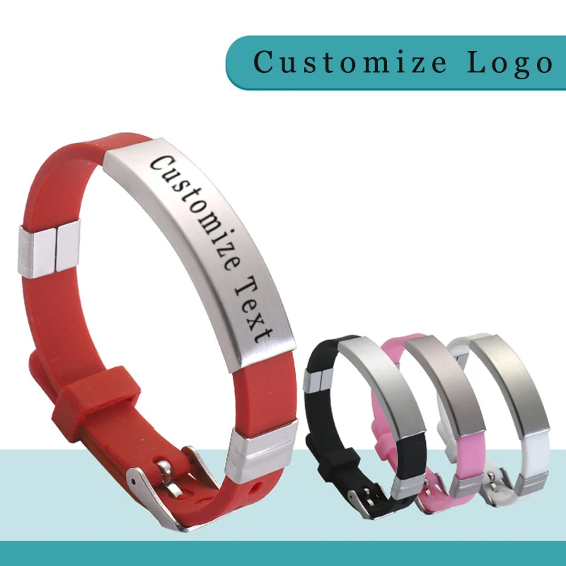 Custom Engraved Stainless Steel Plate Rubber Watchband Armband Adjustable Silicone Wristband Bracelet