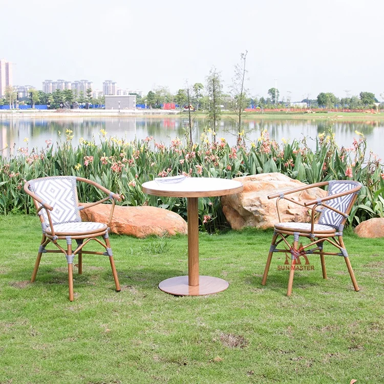 Modern Outdoor Furniture French Bistro Rattan Wicker Stackable Metal Chair Cafe Garden Patio Terrace Chair And Table Dining Set