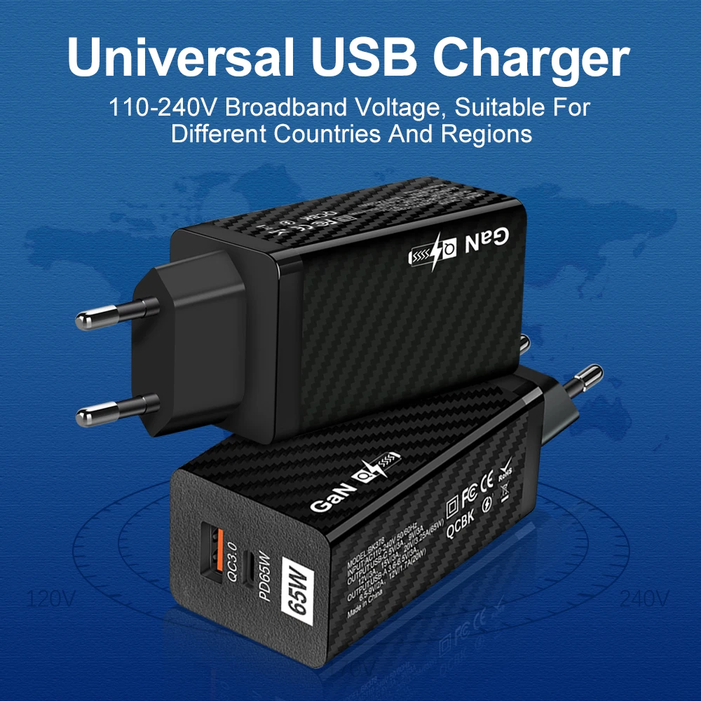 2022 Drop shipping private label customization OEM support EU US standard QC3.0 fast charging PD 65W GAN wall charger adapter
