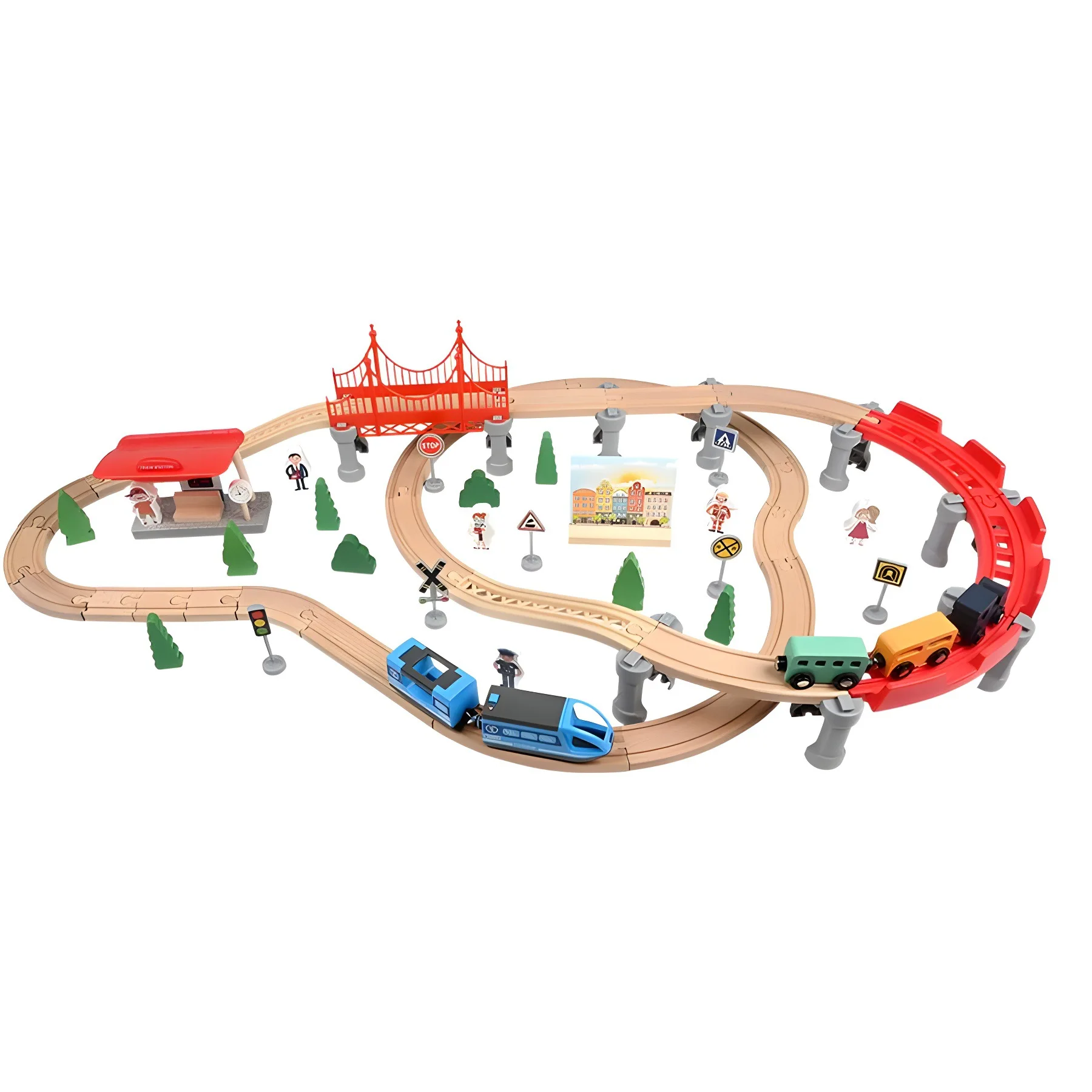 Wooden Train Railway Construction Set With Track Compatible And Train Railroad Toys For Kids Gift For Age 3Y+