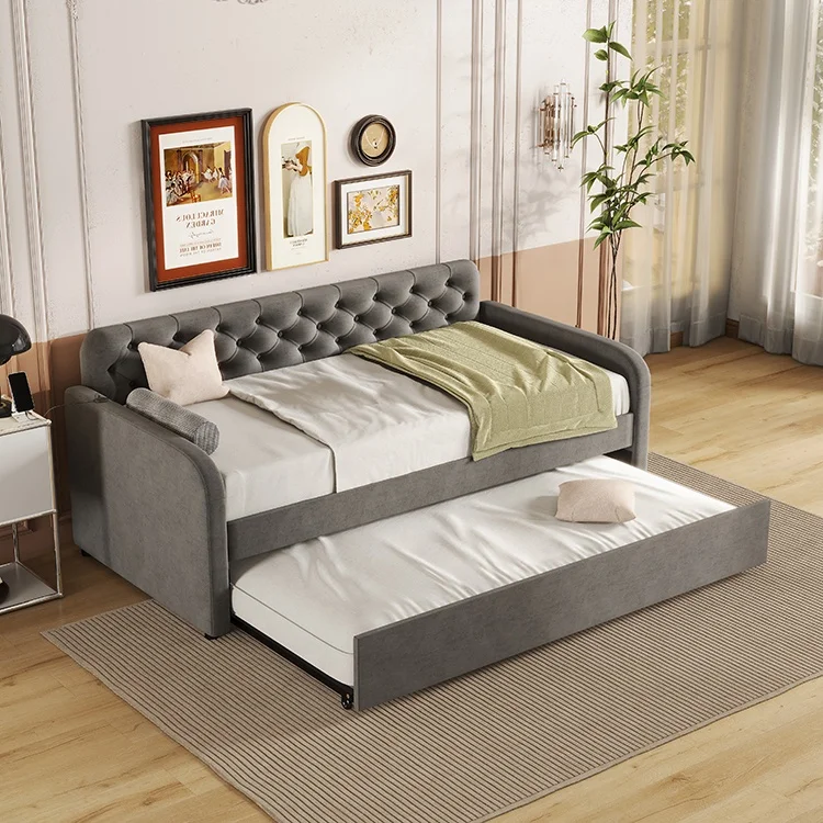 Willsoon Modern Simple Design Wing Back Double Bed Frame Platform Style Velvet Fabric Button Wood Leather Upholstery