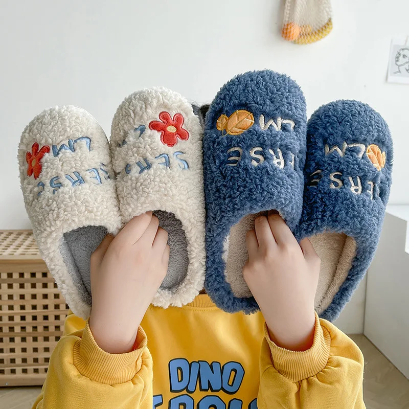 Winter Warm Flower Pattern Cotton Slippers For Women Men Thick Soft Soled Non-slip Fluffy Shoes Couple Indoor House Slippers