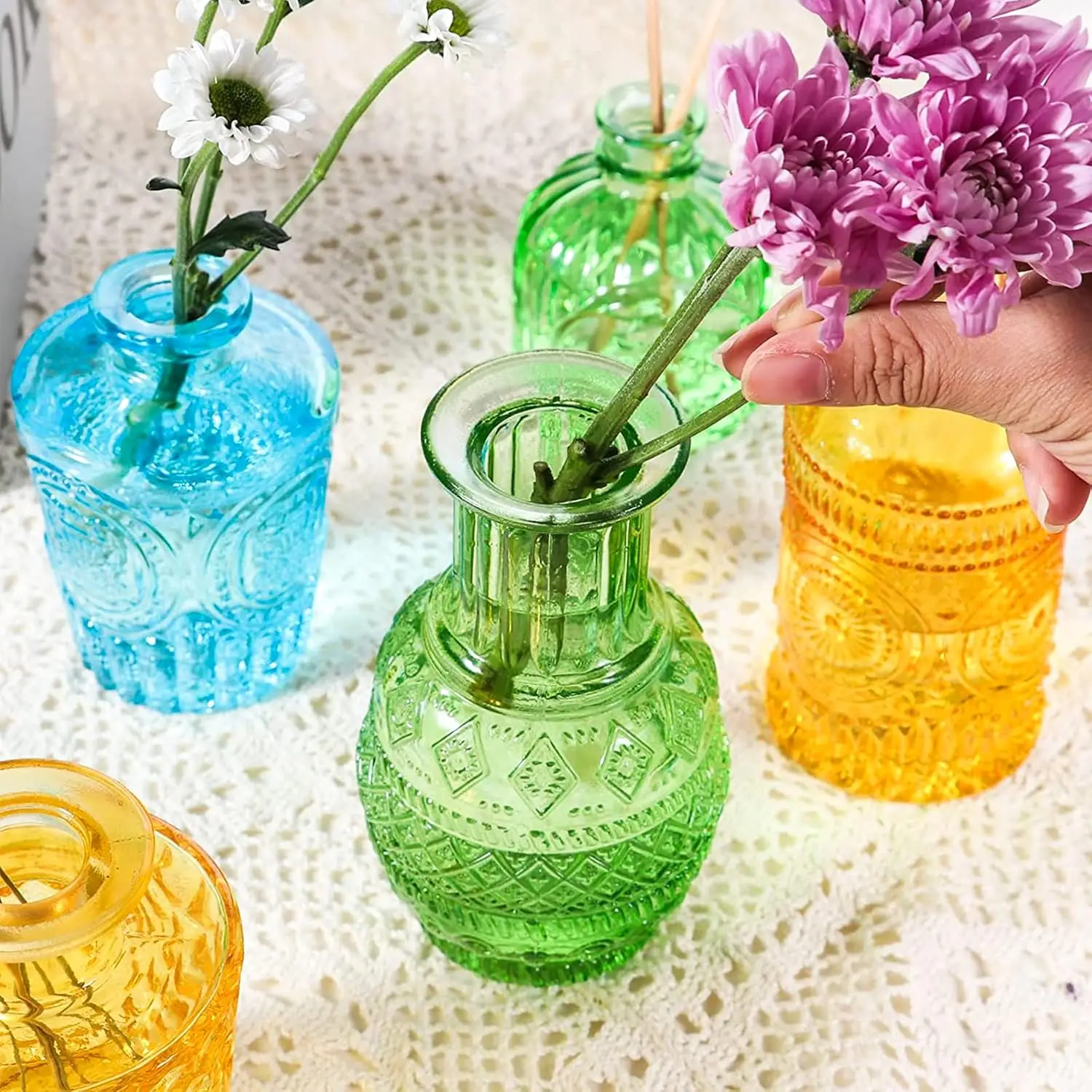 Glass Colorful Bud Vase Small Flower Vases Mini Vintage Vase for Centerpieces Rustic Wedding Holiday Party Table Flower Decor
