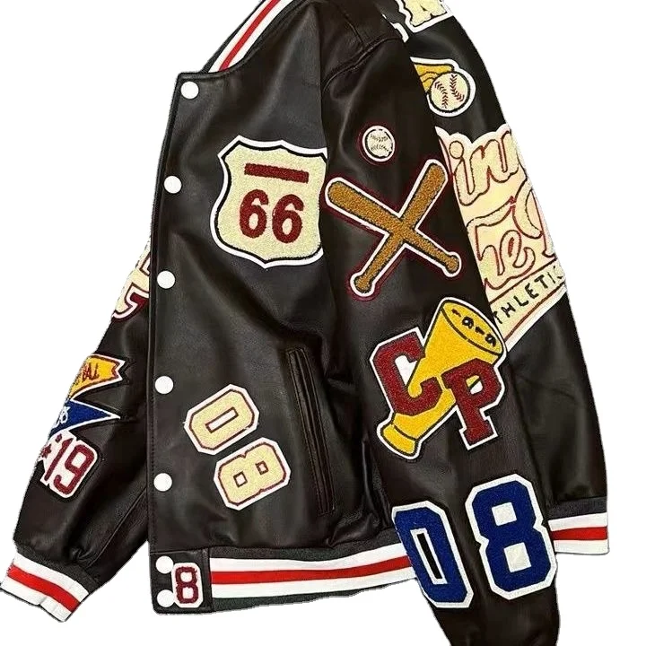 Custom Chenille Embroidery Patches  Letterman Jacket Vintage Casual Hip Hop Bomber Leather varcity jacket men