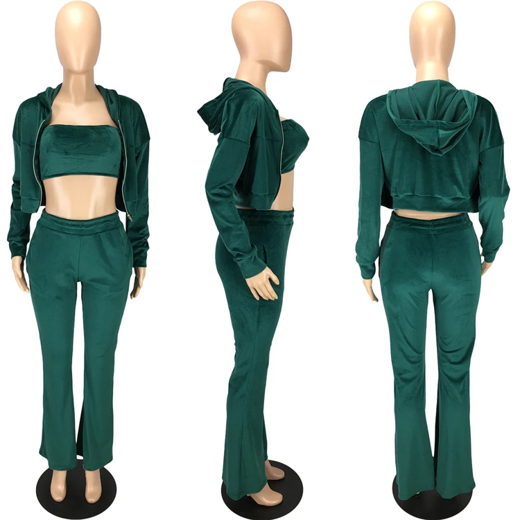 2021 Fashion Ladies Long Sleeve Outfits Tube Top Hoodie Velour Fall Women Clothing 3 Piece Set