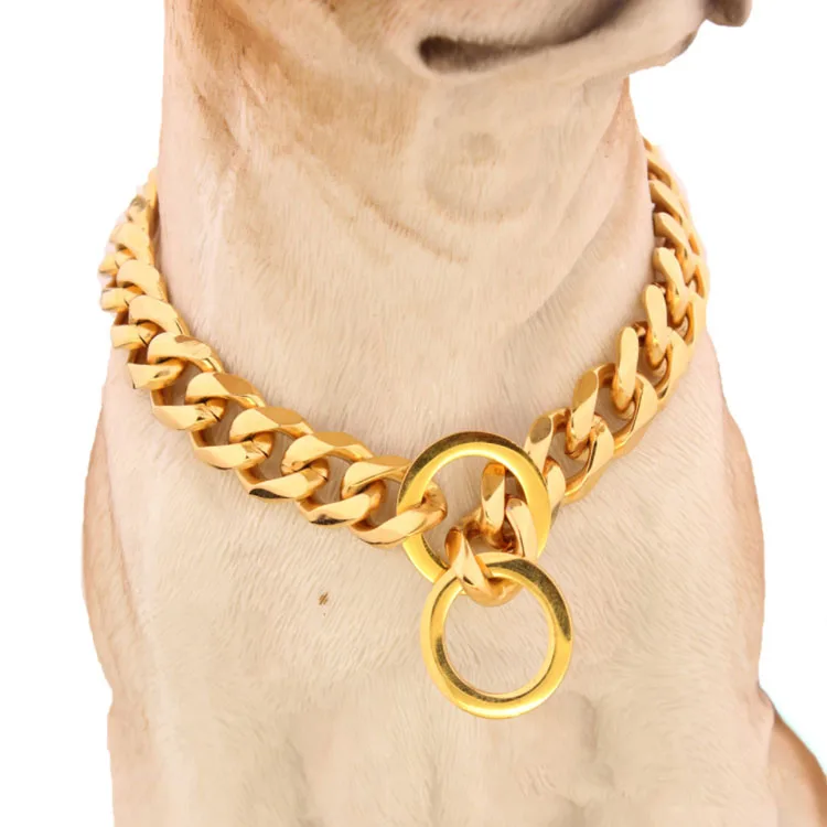 15mm  Gold Cuban Link  Dog Collar Chains Titanium Steel  Dog Head Leash Chain Pitbull Cuban Luxury Collar