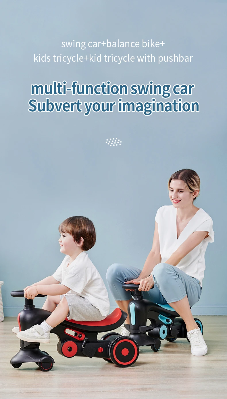 China wholesales 2021 new design 4IN1 baby swing car with push bar and stored pedals baby kids children sliding car ride on toys