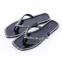 Шлепанцы женские с квадратным носком, сандалии-желе с кристаллами, плоская подошва, уличные тапочки, Цвет Алмаз