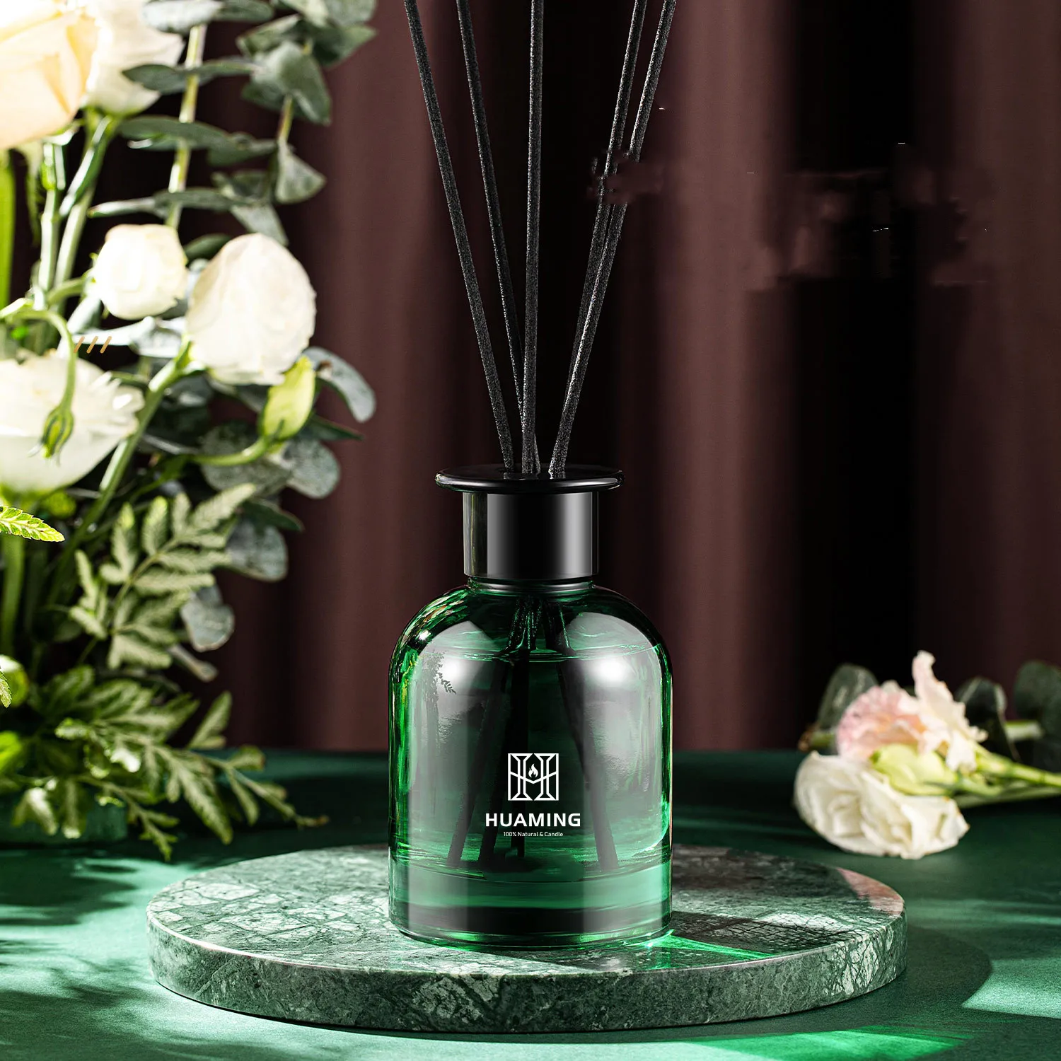 Huaming 200ml Green Forest Style Diffuser Reed Sticks Bottle Luxury Custom Packaging Reed Diffuser and Candle Gift Box Set