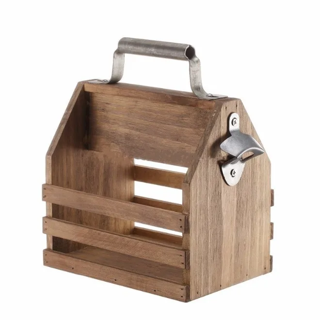Customized high quality wooden beer bottle carrier with opener