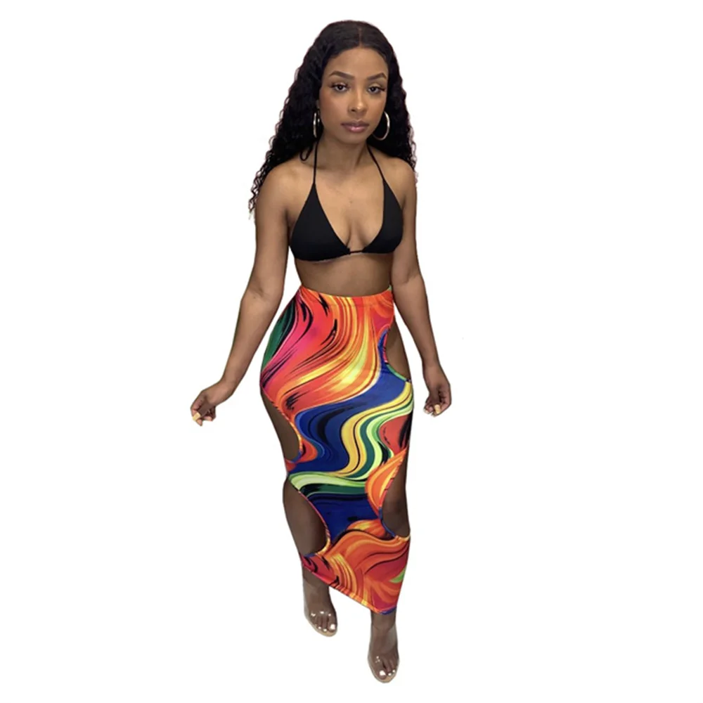 RTS Summer Hot Tie Dye Print Women Hollow Out Elastic Waist Sexy Streetwear Bodycon Ankle-Length Long Skirt