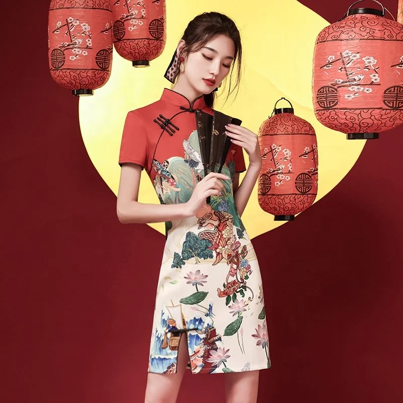 Модная китайская юбка Cheongsam новая популярная 2024 короткая улучшенное красное платье для подружки невесты вечернее Qipao