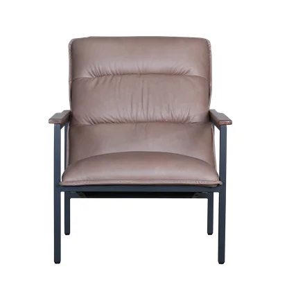 Vintage Rustic  Genuine Grey Leather ,  Solid Wood Arm,  Black Square Tube Frame, Industrial Antique British chaise lounge chair