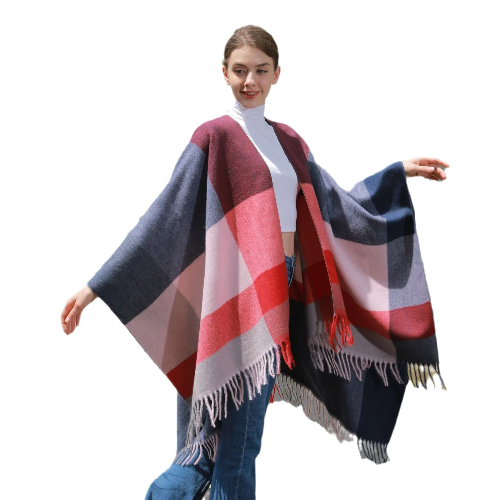 2024 New Product Winter Tassels Shawls Scarves For Women Warm Wrap Ponchos With Sleeves