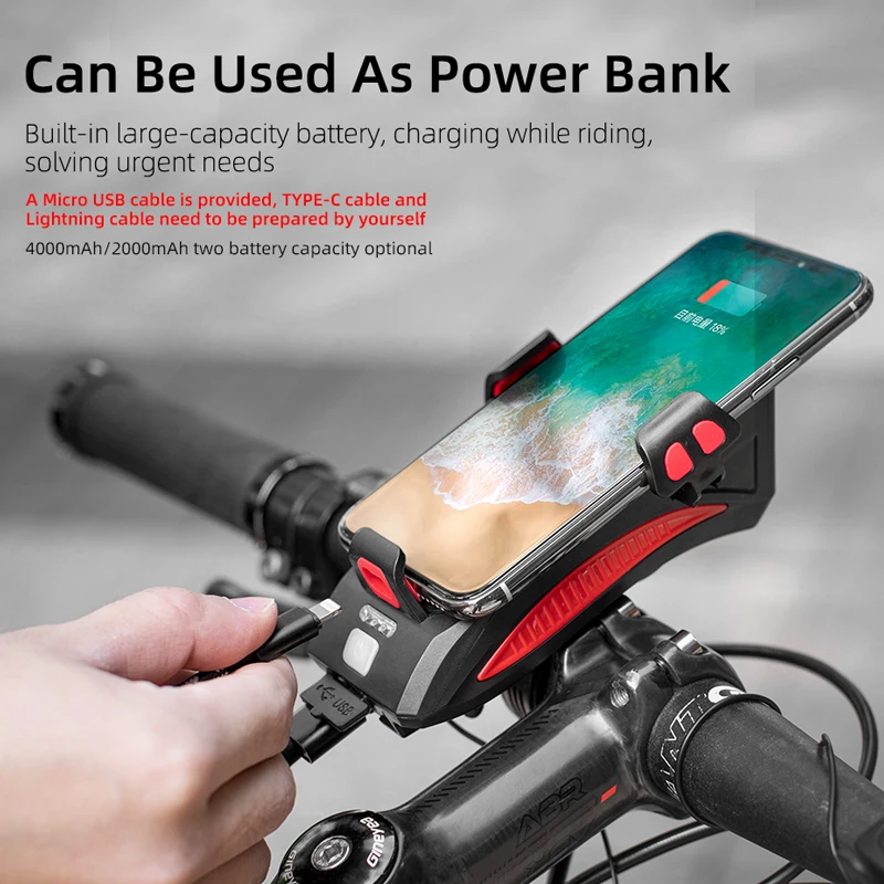 4 In 1 Multifunctional Phone Holder Power Bank Speaker USB Rechargeable 4000mAh Bicycle Light Waterproof LED Headlight