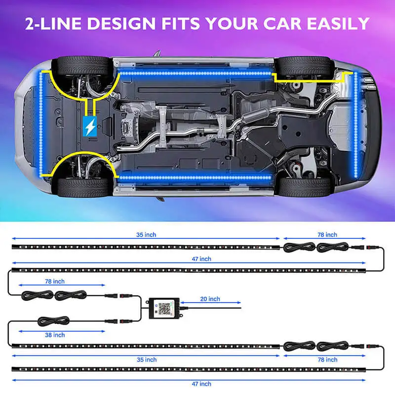 4Style 12V Flowing Color RGB LED Strip Under Car 90*120 Tube Underglow Underbody System Neon Light Bluetooth App Control