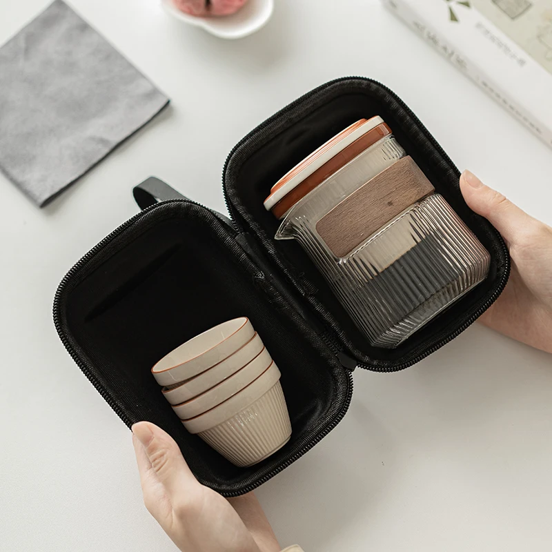 Portable Four Cups Ceramic Tea Set Retro Traditional Chinese Design Eco-Friendly  Outdoor Camping Kung Fu Tea Ceremony