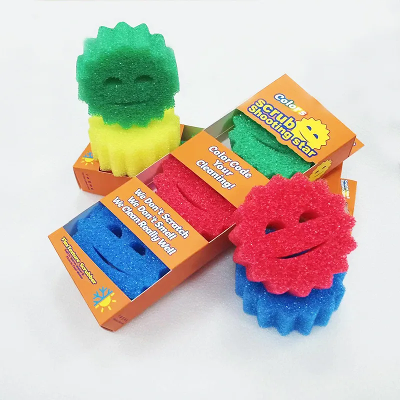 Factory Custom 3pcs Pack Color Box Scrub Smiley Face Sponge for Kitchen Washing Deep Cleaning Temperature Control Scratch-Free