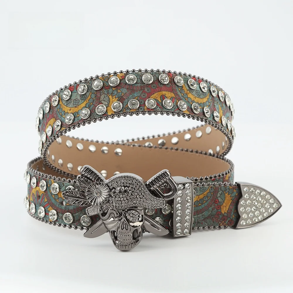Wholesale Punk Style Skull Buckle Sparkly Rhinestone Bling Bling Cowgirl Belt Big Size BB Simon Diamond Studded Belt