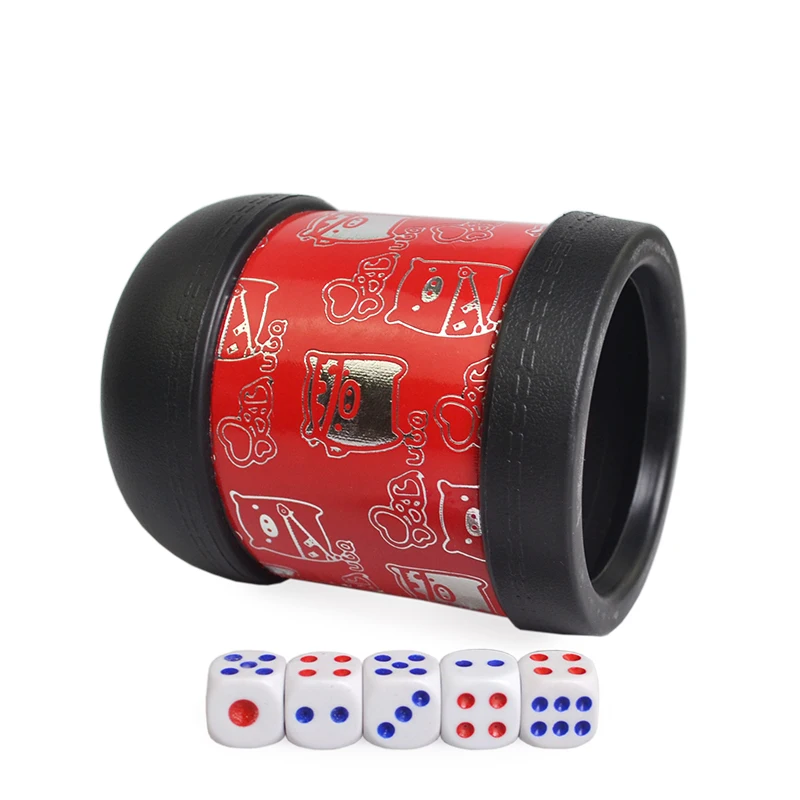Hot Sale KTV Bar Gold Printing Dice Cups With 6pcs Dice Custom Gambling Leather and Plastic Holder Casino Wood Dice Box Supplier
