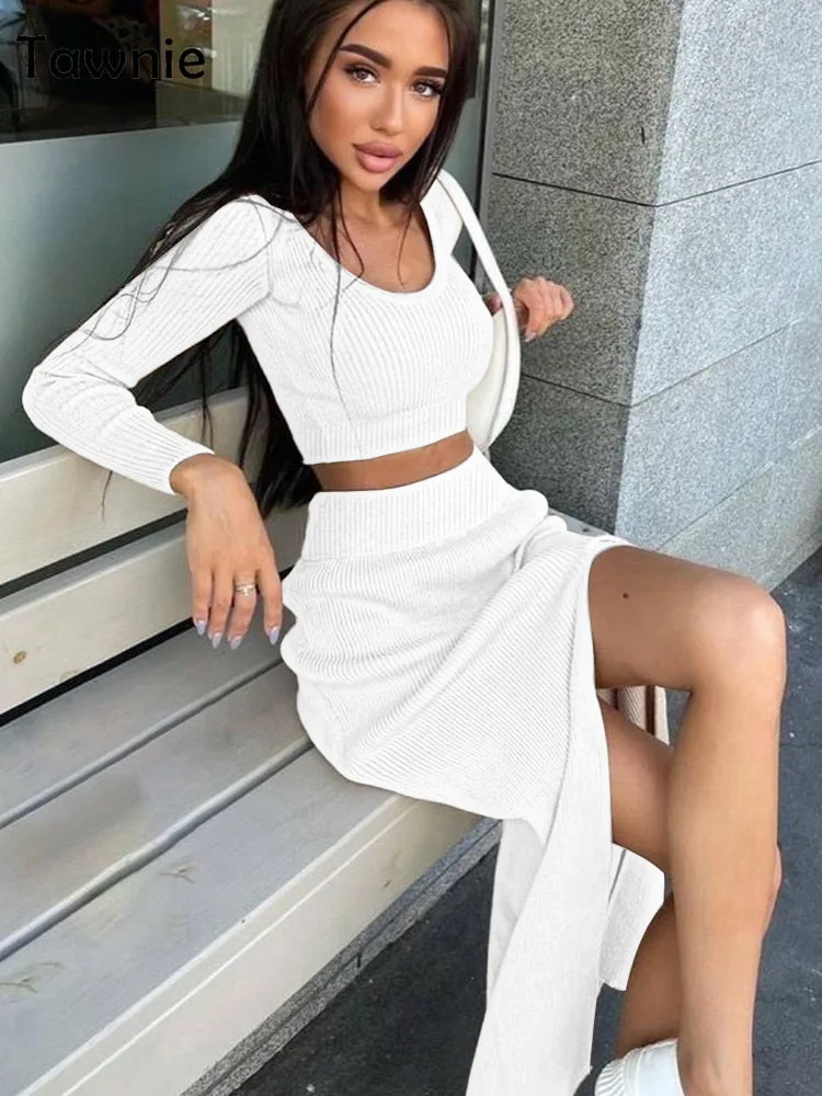 Latest Design Sexy High Split 2 Piece Set Women Dresses Causal Knit Crop Top And Skirt Set 2023 Two Piece Dress Set