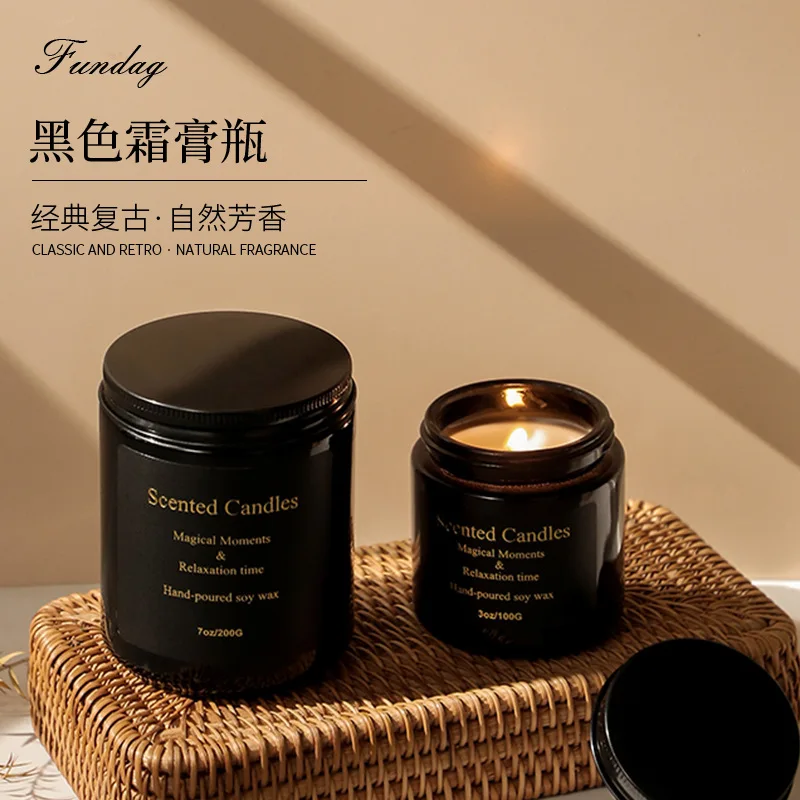 Custom wholesale matte candle vessels embossed empty candle container black ceramic candle jar with lids