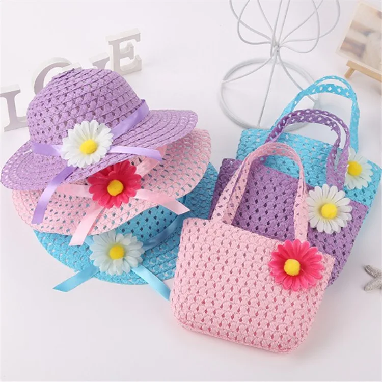 Wholesale straw hat with bag summer paper sunhat for kids