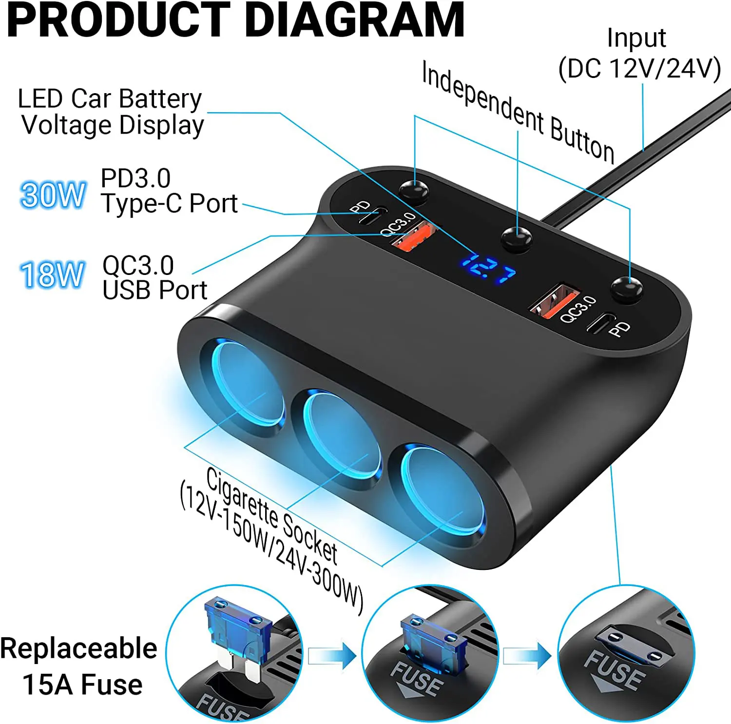 C12 Car Plug with LED Voltage Separate Switch 7 in 1 Cigarette Lighter Adapter Splitter 300W 3 Socket Car Charger Extensions