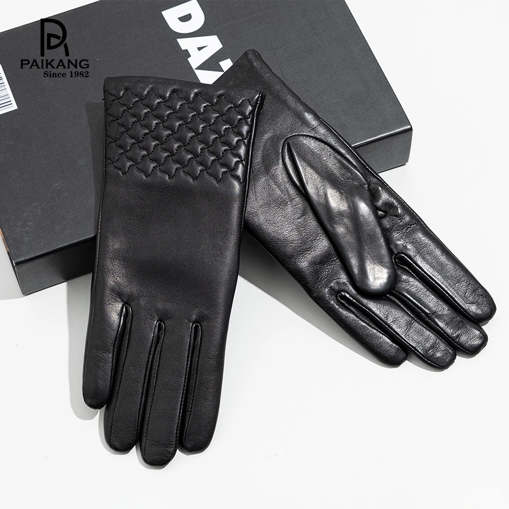 Fashion Women Winter Black Embroidered Star Touch Screen Leather Gloves