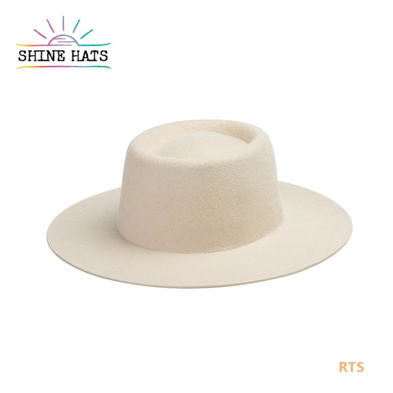 Free Sample Lack Color 3.15' Brim Flat Custom wool ribbon white Ivory Boater felt hat fedora Sombrero Classic Ladies Wool Women
