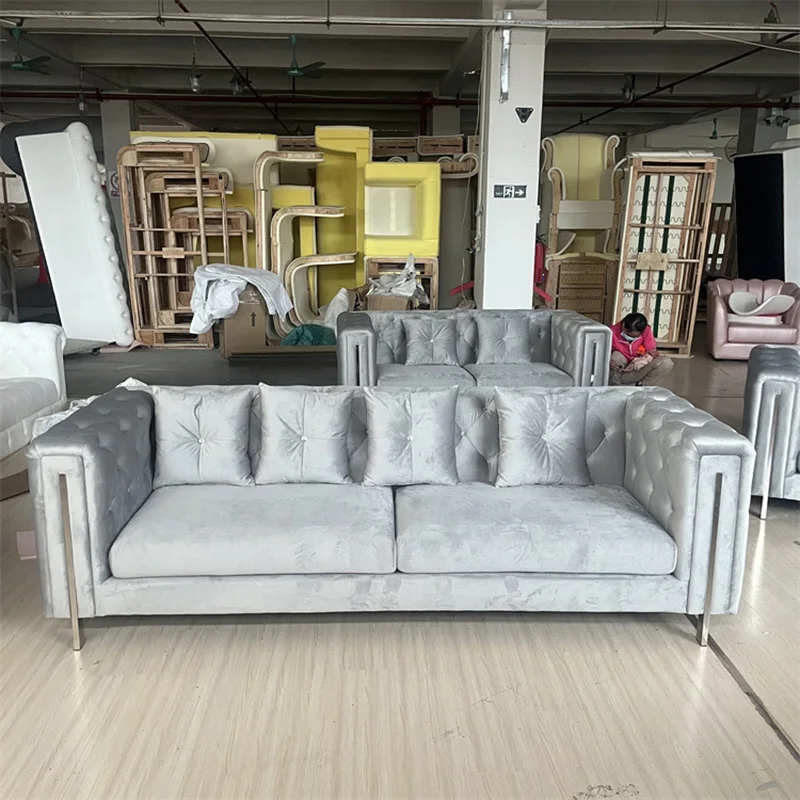 High quality modern lounge sofas set furniture for home luxury italian living room couch velvet fabric chesterfield sofa set