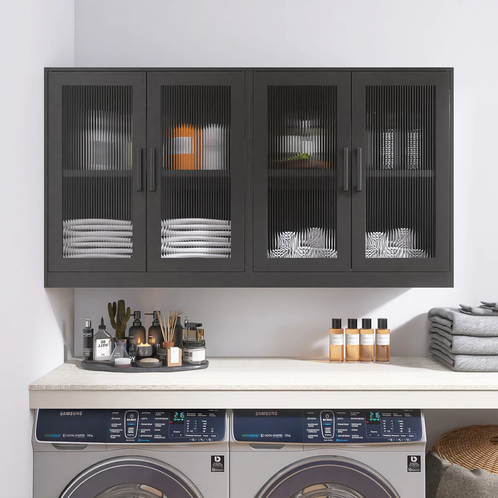 Metal Wall Cabinet Doors Wall Mounted Display Cabinet Shelf with Reeded Glass Steel Cabinet for Home Office Foldable Modern