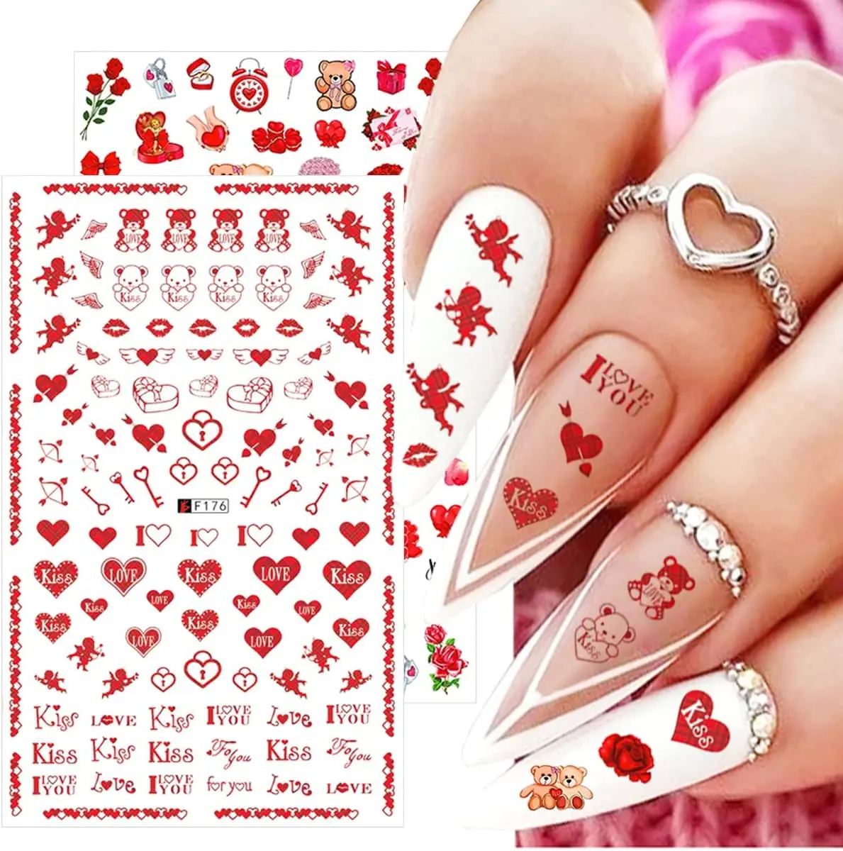 Private Label DIY Nail Art Decoration 3D Self-Adhesive Water Decals Embossed Custom Semicured Gel Valentines Day Nail Sticker