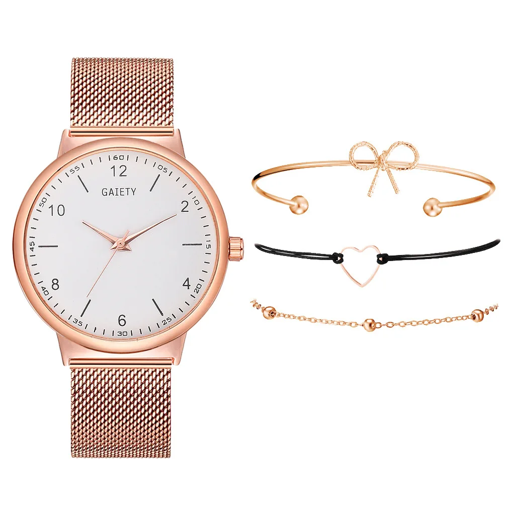 Quartz Wristwatch Alloy Strap Ladies Casual Round Rose Gold Watches Bracelet Set Fashion Jewelry Accessories