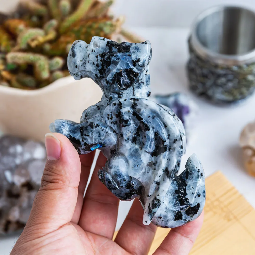 Wholesale natural healing stone hand craved folk crafts rainbow moonstone crystal flying dragon skulls for home decorations