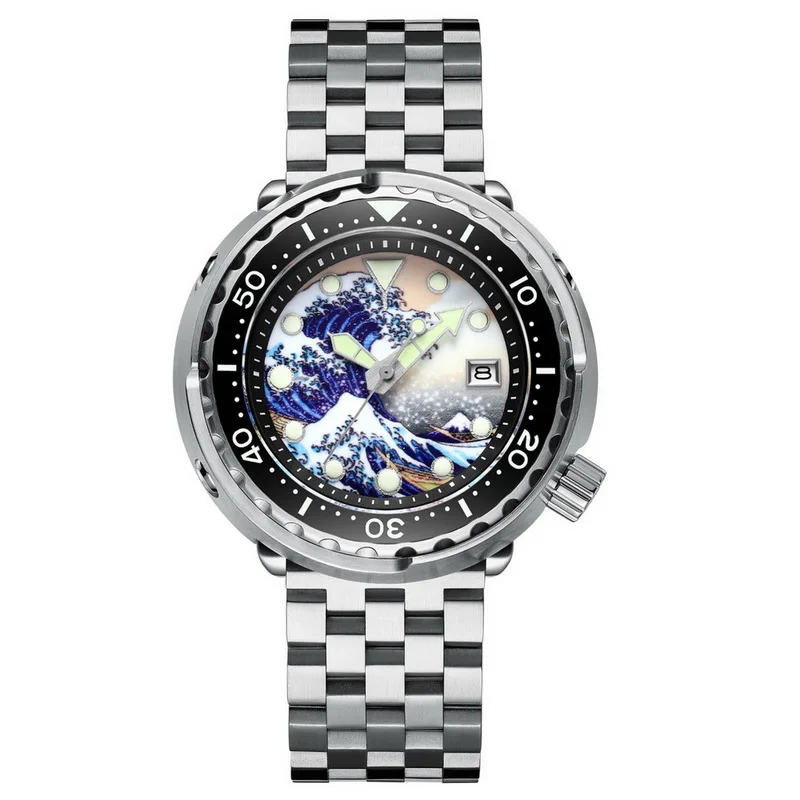 Personal made design Damascus steel watch diving watch case with ceramic insert luminous markers Helium escape diver watch