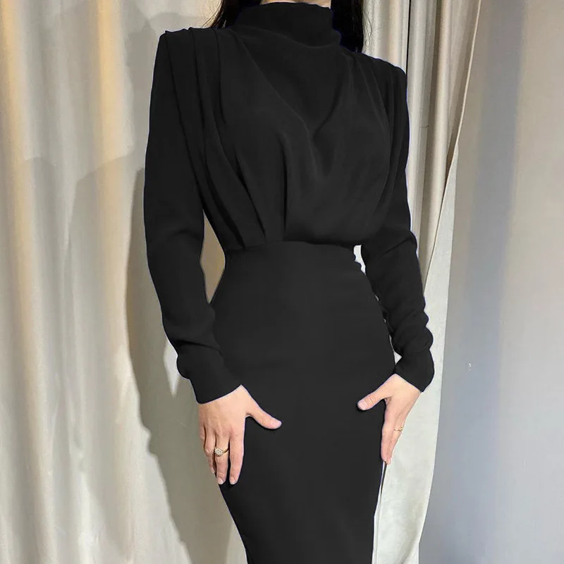 Autumn new fashion temperament hin thin pure color long sleeve dress