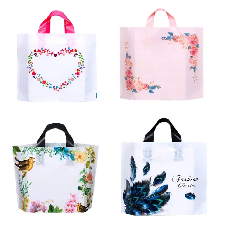 Floral Plastic Shopping Bags Retail Gift Bags With Loop Handle For Customers Boutique Parties Clothing  Packing Favors Goodies