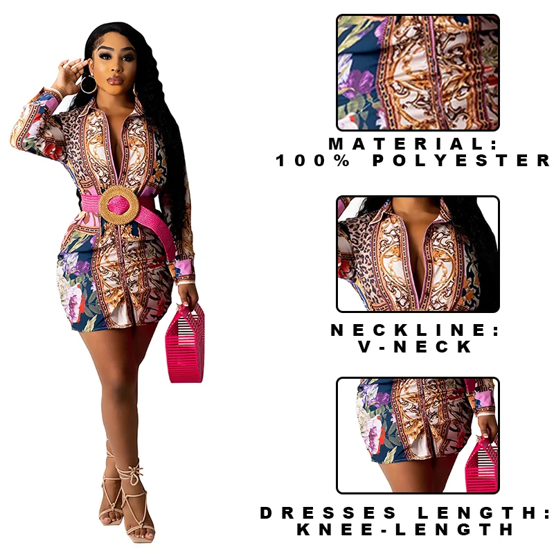 New Long Sleeve Turn-Down Collar Floral Printed Plus Size Casual Office Dresses Women Lady Elegant