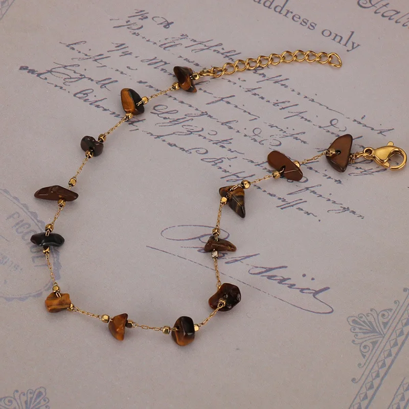 New Natural Stone Rose Quartz Tiger Eye Beads Bracelet Gold Plated Stainless Steel Chain Crushed Natural Stone Bracelet