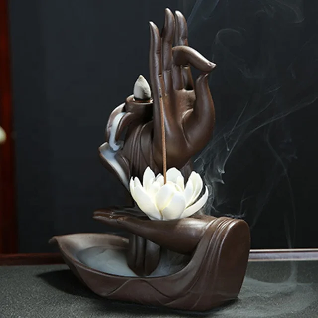 New Arrivals Purple Sand Buddha Hand Incense Burner Flower Lotus Smoke Backflow Incense Censer Ceramic Incense Holder