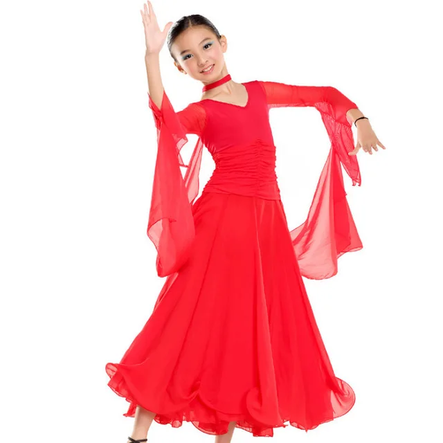 Chiffon Long Sleeves Standard Competition Ballroom Dance Dress Girl Kids One Piece Child Stage Waltz Latin Dancing Dance wear