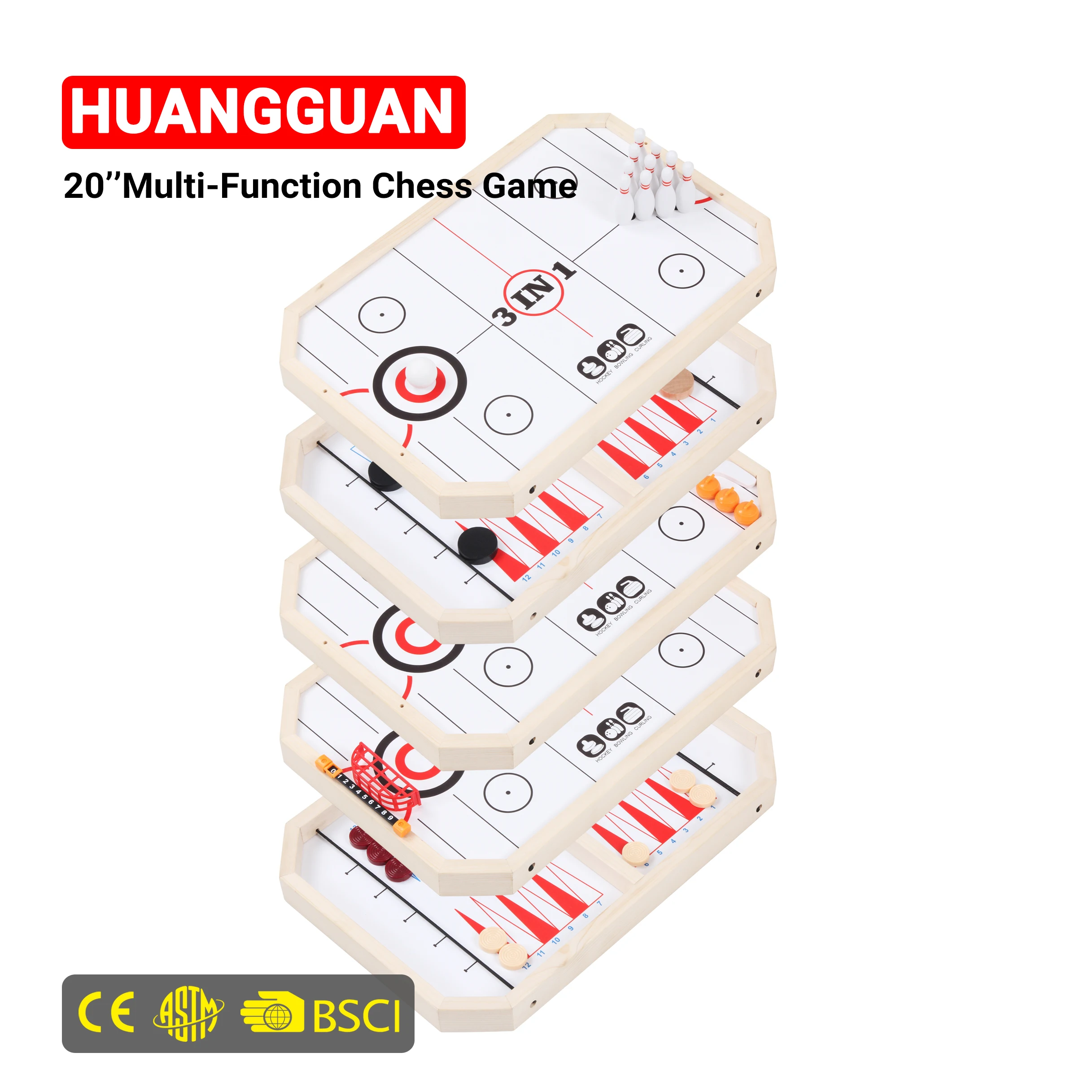 Huangguan 20 Inch 5 in 1 Solid Wood Game Board Include Floorball  Hockey Backgammon Bouncing Chess Curling For Toys Gifts
