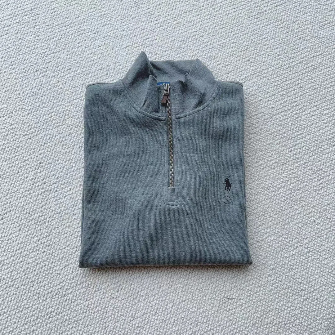 Men/women little horse embroidery half-zipper turtleneck long-sleeved knit hoodie stand collar loose top solid color pullover