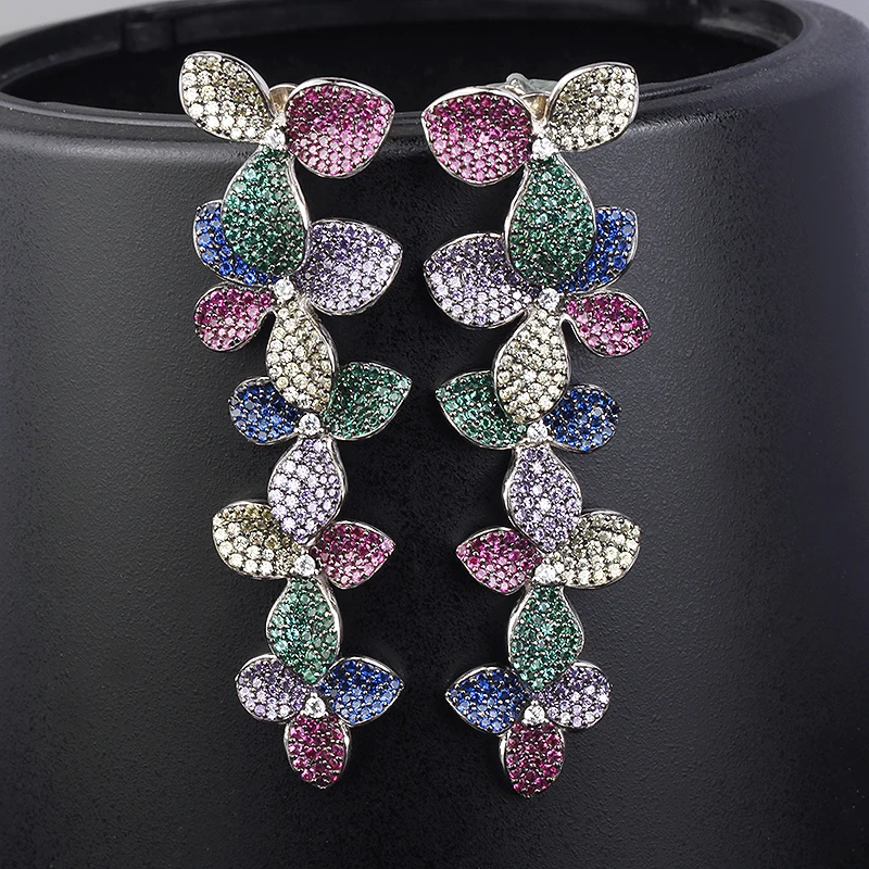 custom luxury rainbow colorful diamond 18k gold plated 5A cz 925 sterling silver zircon stack big flower drop earrings for women