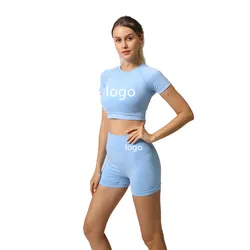 Women Short Sleeve Yoga Set 2 Piece Vital Seamless Sport Suit Gym Clothes Fitness Crop Top Shirt High Waist Shorts Sportswear