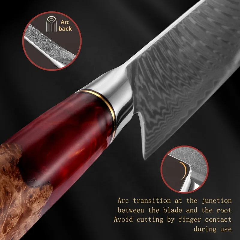 Wholesale high quality damascus steel chef knife kitchen knife accessories set kitchen knife with tree garnet red resin handle