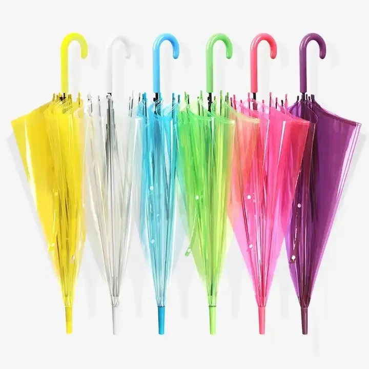 Clear umbrella Kids Long-handle Straight Parasol Colorful Transparent PVC Umbrella  Can Customized Logo D23-48